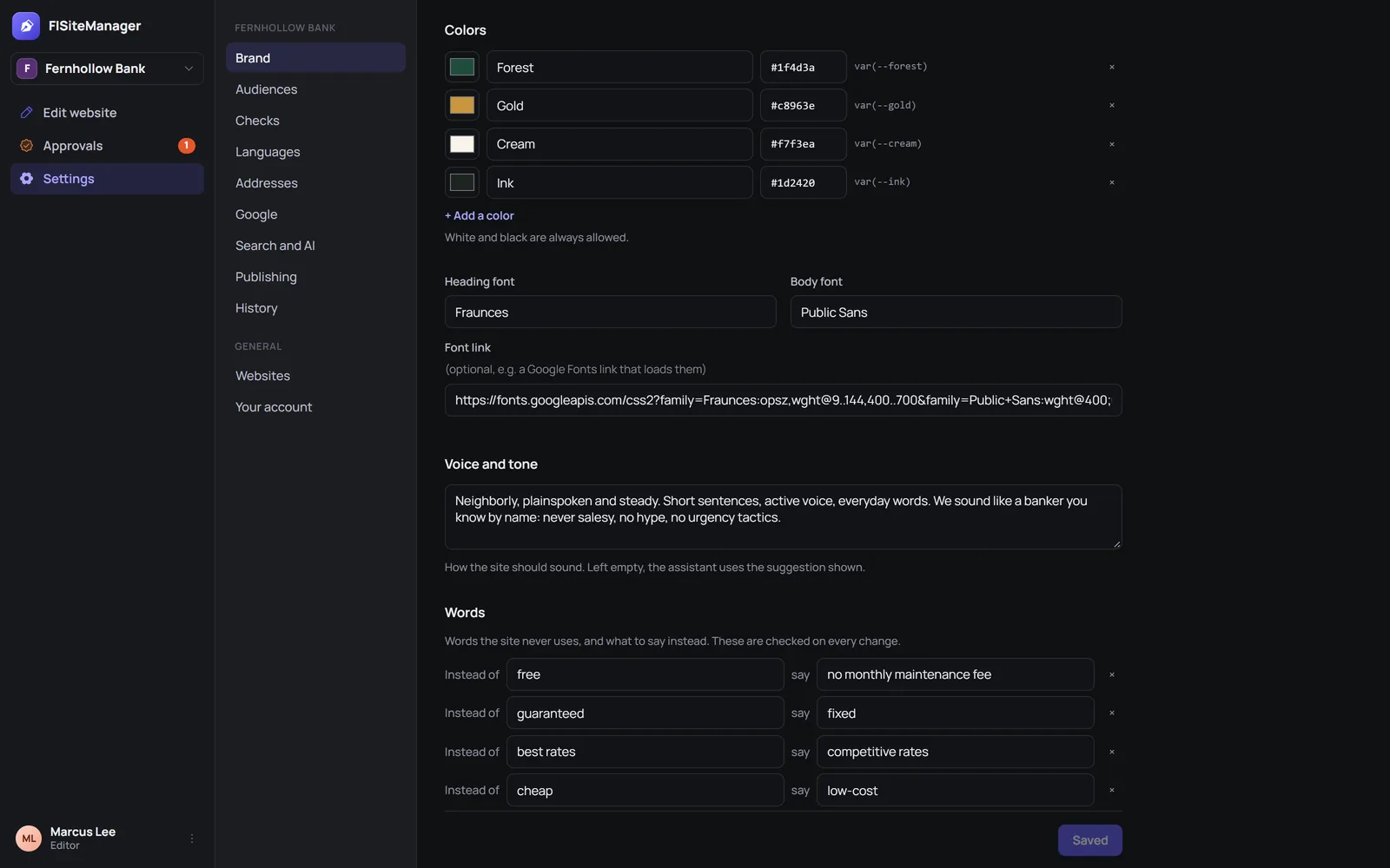 The brand kit in Settings: four palette colors, heading and body fonts, a voice and tone description, and words to avoid with what to say instead, such as free becoming no monthly maintenance fee.