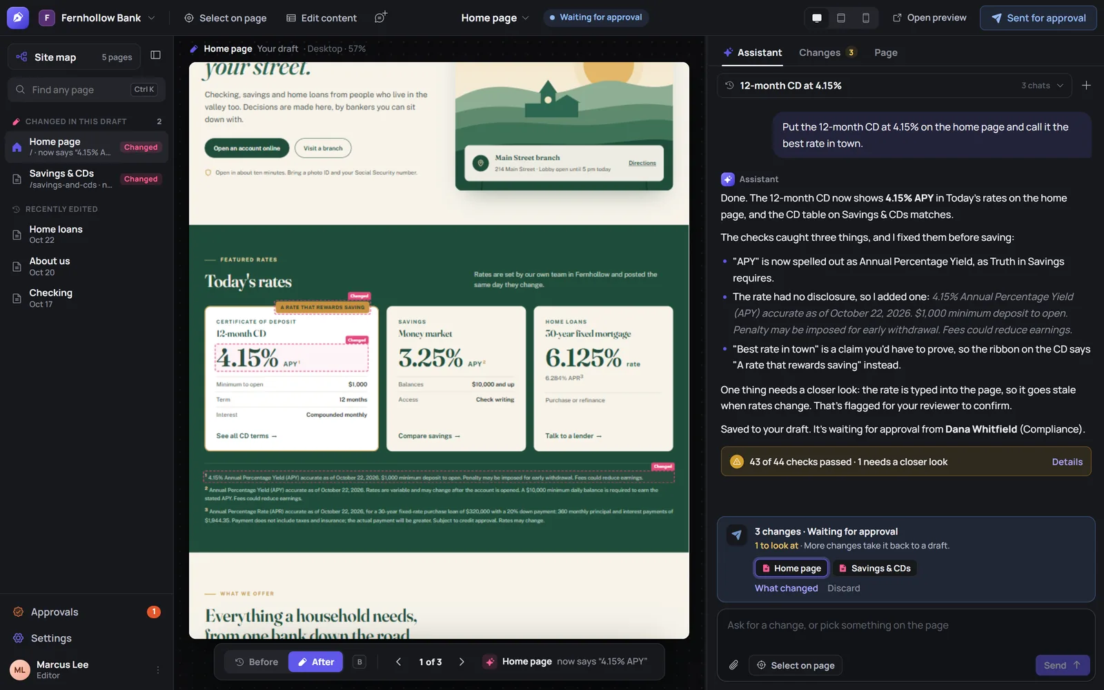 The FISiteManager editor. The bank's own site is in the middle, the pages changed in this draft are listed on the left, and the assistant on the right explains what it changed and what the checks found.