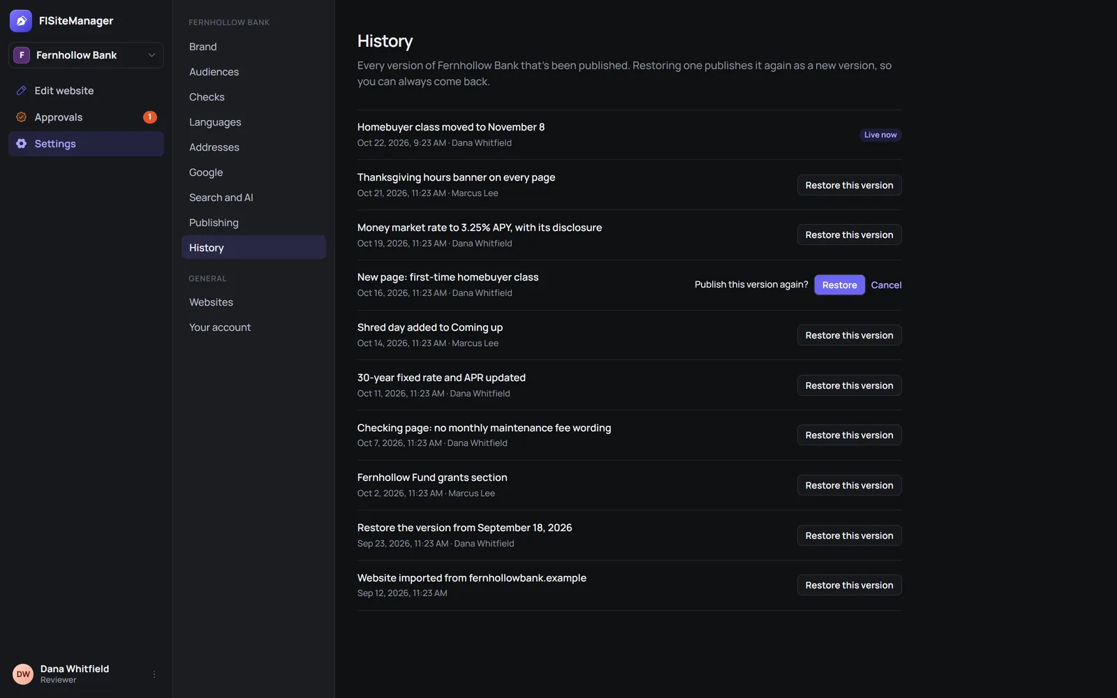 The list of published versions, with who asked, who approved, and a Restore button on each.